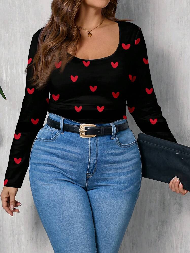 SHEIN LUNE Plus Size Women Casual Minimalist All-Over Heart Print Tight Fitting T-Shirt,Valentine... | SHEIN