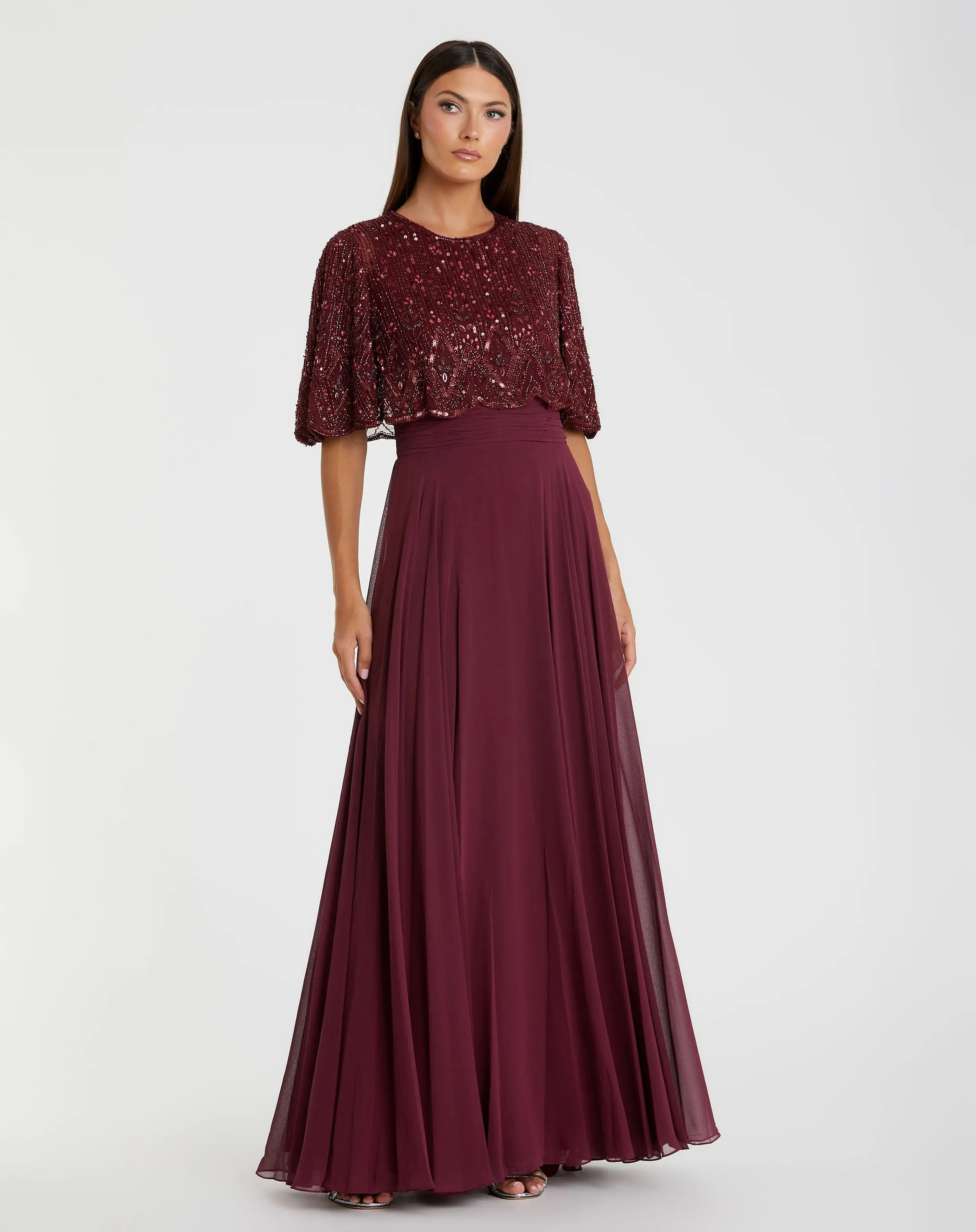 Mac Duggal - Red Beaded Cape A-Line Gown - US 4 | Mac Duggal