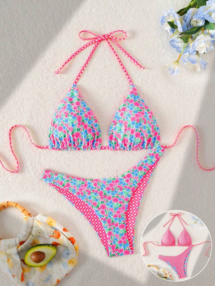 Swim Mod Spring Break Women Beachwear Summer Outfits - Cute Sexy Fashionable Printed Reversible Triangle Bikini Set With Adjustable Tie Sides Swimshorts, 2 Pieces Beach Holiday Suit, Festival Boho | SHEIN