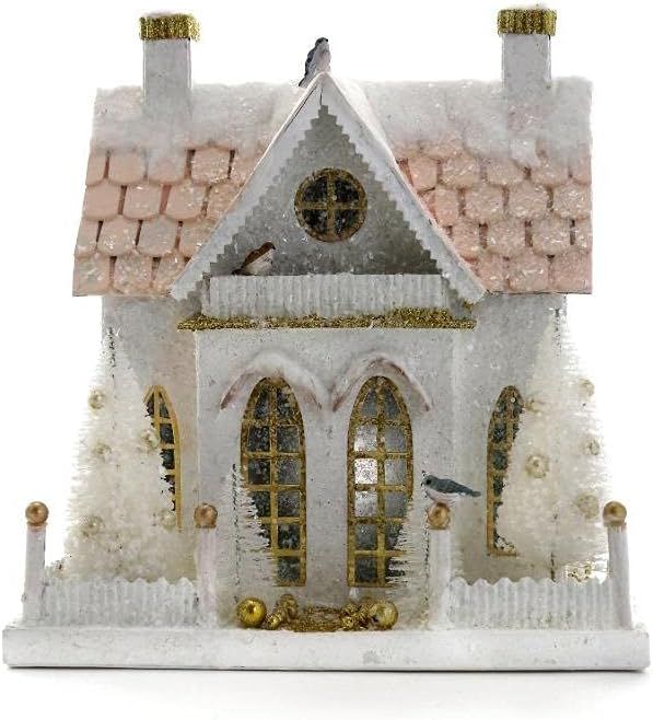 Wintery White and Pastel Pink Christmas Village Cottage House | Amazon (US)