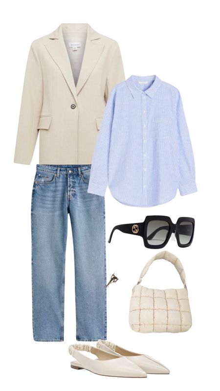 Everyday outfit, neutral tan brown blazer, straight leg jeans, stripped blue shirt, eyewear, sunglasses, quilted puffed bag, casual outfit, ootd, workwear, 

#LTKaustralia #LTKeurope #LTKstyletip