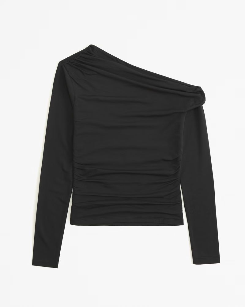 Long-Sleeve Asymmetrical Off-The-Shoulder Draped Top | Abercrombie & Fitch (US)