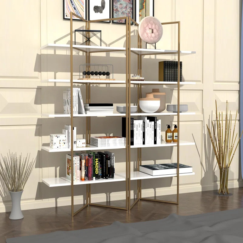 Golden Metal Frame 5 Tier Folding White Bookcase, Wide Panel, Large 71 Inch Etagere Display Shelf | Wayfair North America