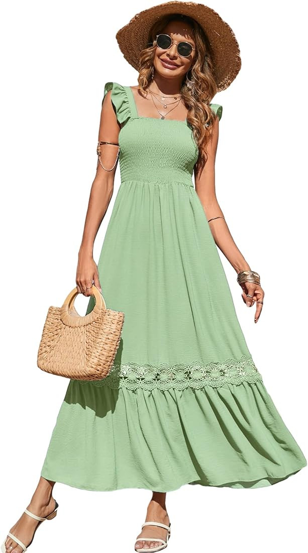 Women's Summer Boho Dress Floral Print Spaghetti Strap Square Neck Shirred Maxi Dress Beach Sun Dres | Amazon (US)