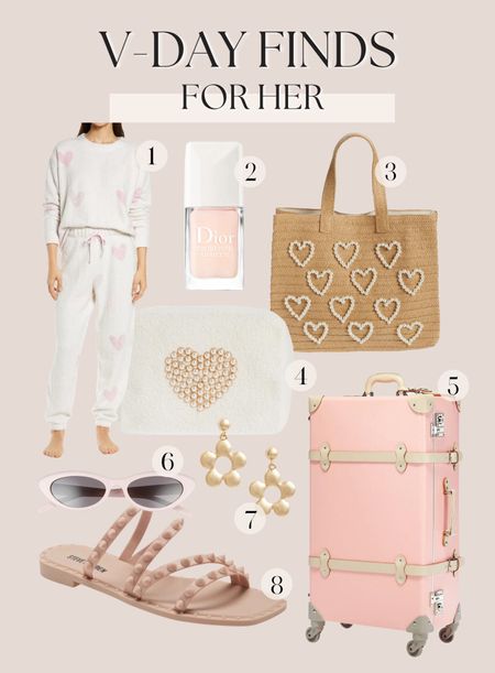 Valentine’s gifts for her! 
Heart pajamas, pink nail polish, straw tote, makeup bag, pink luggage, Celine sunglasses, florets earrings, pink sandals 

#LTKshoecrush #LTKGiftGuide #LTKunder100