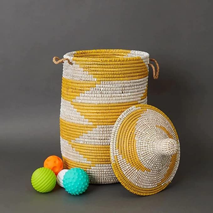 Senegal Large Hand Woven Grass Yellow Herringbone Basket with Hooded Lid | Amazon (US)