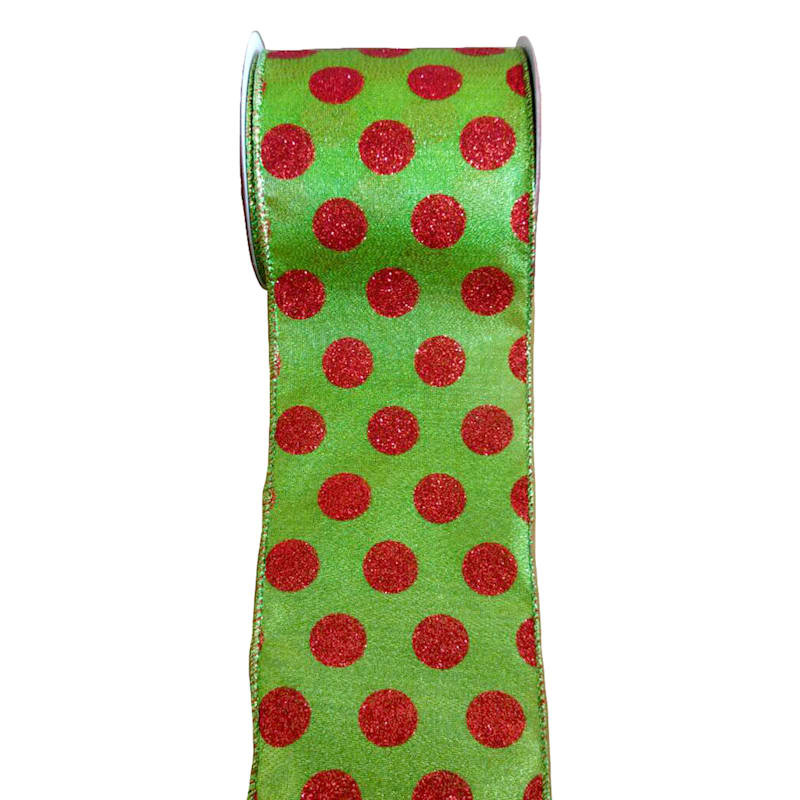 4" Green with Red Polka Dots Ribbon, 5yd | At Home