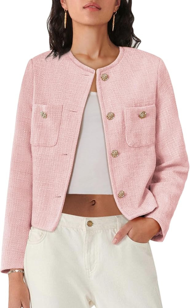 Women's Tweed Jackets Long Sleeve Business Button Down Casual Cropped Blazer with Pockets | Amazon (US)