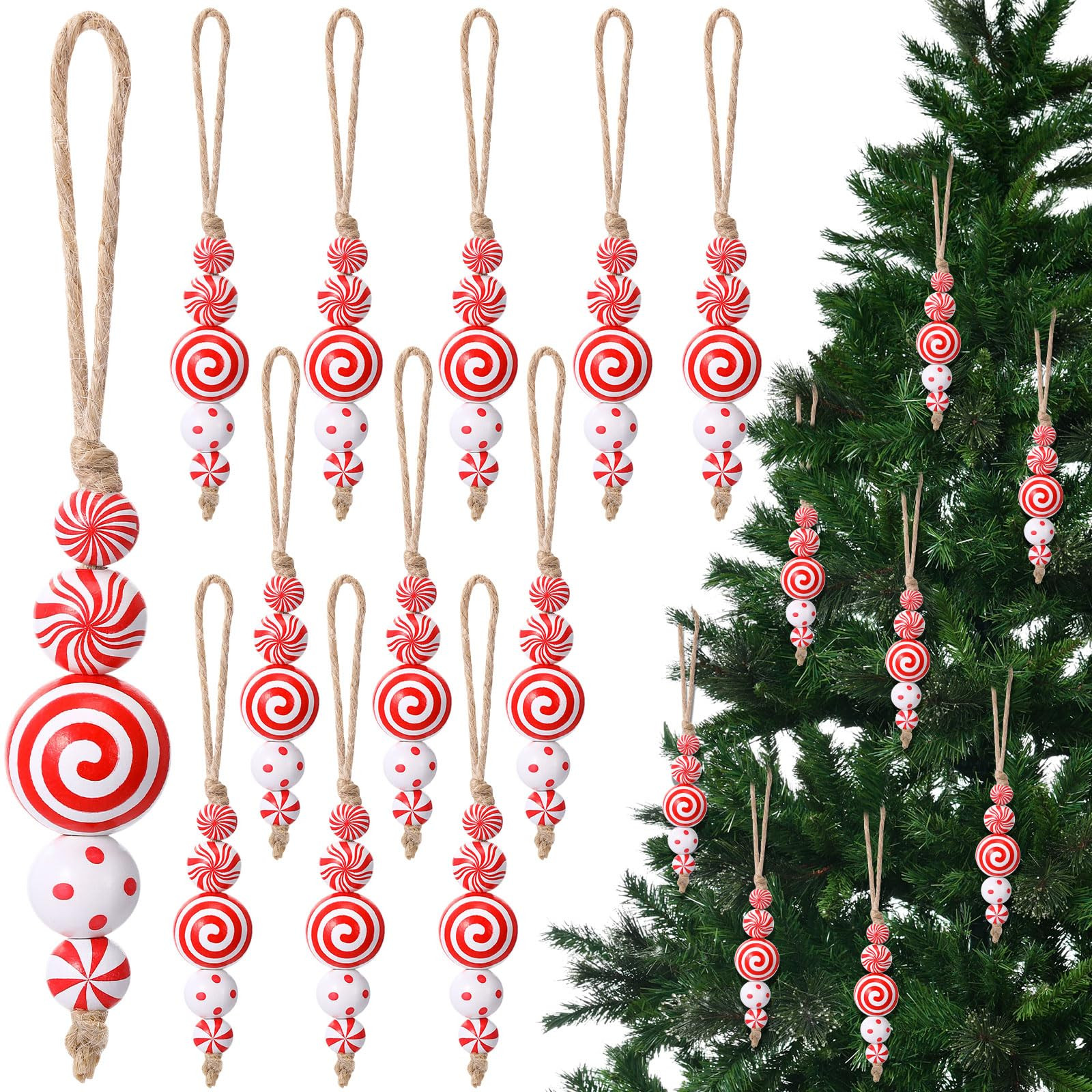 12 Sets Candy Cane Christmas Tree Ornaments Swirl Wooden Beads Red Green White Candy Craft Beads ... | Amazon (US)