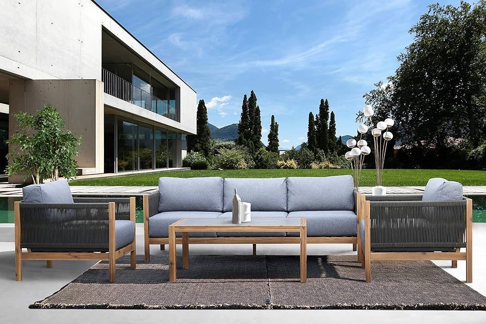 Armen Living Sienna 4 Piece Acacia Outdoor Patio Sofa Seating Set, Teak/Grey | Amazon (US)