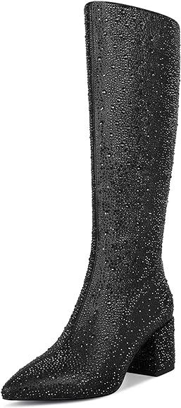 wetkiss Rhinestone/PU Low Chunky Pointed Toe Ankle Boots for Women with Full Bling Sparkly Crysta... | Amazon (US)