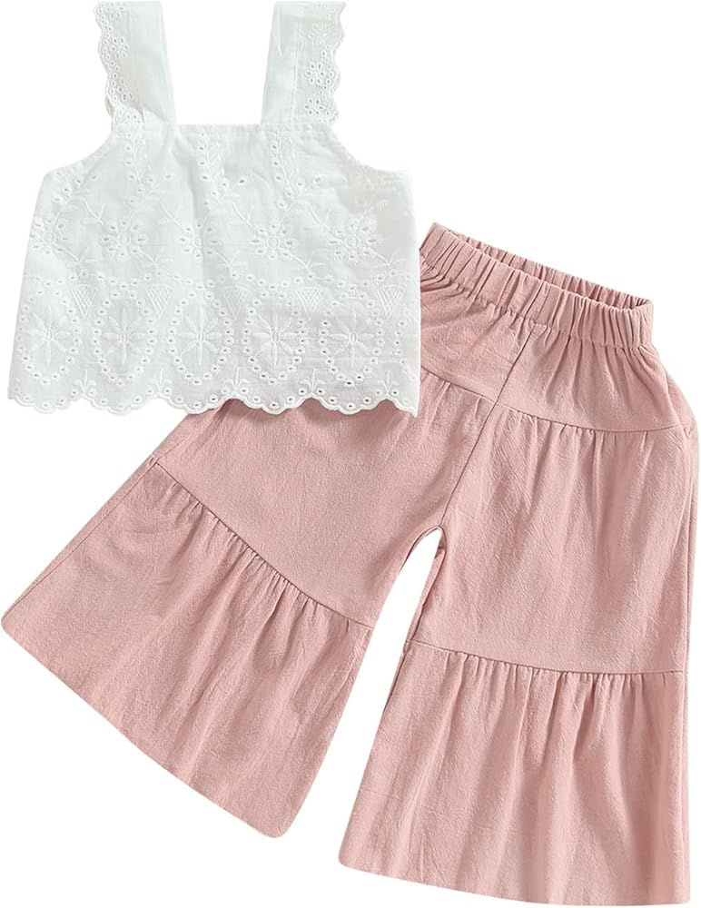 2PCS Baby Girl Sleeveless Strap Lace Crop Vest Tops + Flared Wide-Leg Pants Toddler Summer Outfit... | Amazon (US)