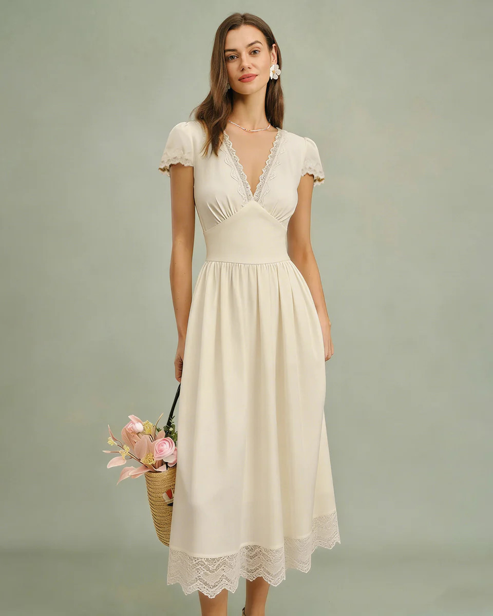 Apricot V Neck Lace Maxi Dress | rihoas.com