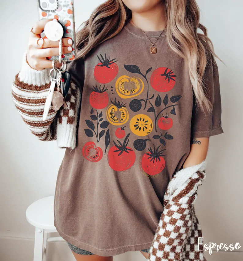 Tomato Tshirt, Cute Whimsical Tomato Garden Print Tee, Vegetable Garden Gift, Tomato Girl Aesthet... | Etsy (US)