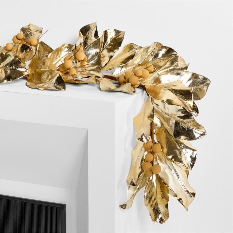 Faux Golden Magnolia Holiday Garland 82" | Crate & Barrel | Crate & Barrel