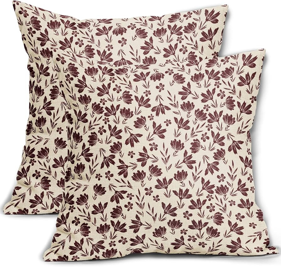 Burgundy Floral Pillow Covers 20x20 Set of 2 Vintage Rustic Old Style Cute Small Flower Burgundy Red Cream Print Decorative Outdoor Pillowcases Farmhouse Throw Cushion Case Decor for Couch Sofa Bed | Amazon (US)