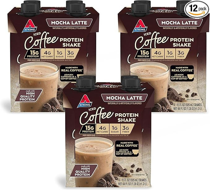 Atkins Mocha Latte Iced Coffee Protein Shake, 15g Protein, Low Glycemic, 4g Net Carb, 1g Sugar, K... | Amazon (US)