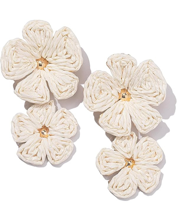 Flower Drop Earrings Floral Raffia Earrings Boho Statement Dangle Earrings Trendy Cute Summer Bea... | Amazon (US)