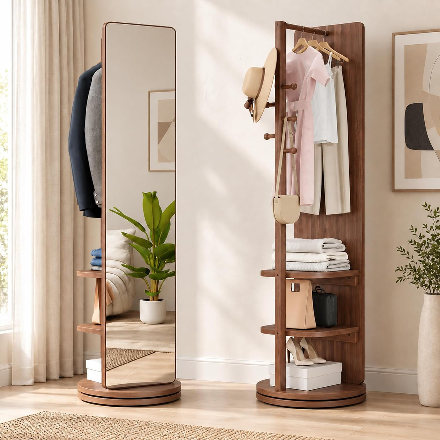 Full Length Mirror with Coat Rack & Storage, 360° Rotating Solid Wood Standing Floor Mirror with Shelves for Bedroom, Entryway, Dressing Room (Walnut Brown, 66" x 18") | Amazon (US)