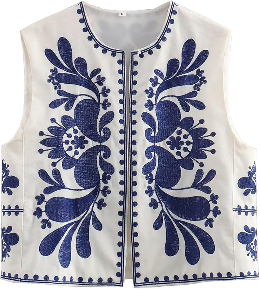 Women's Vintage Embroidered Vest Boho Open Front cropped Vests top Sleeveless Floral Cardigan 202... | Amazon (US)