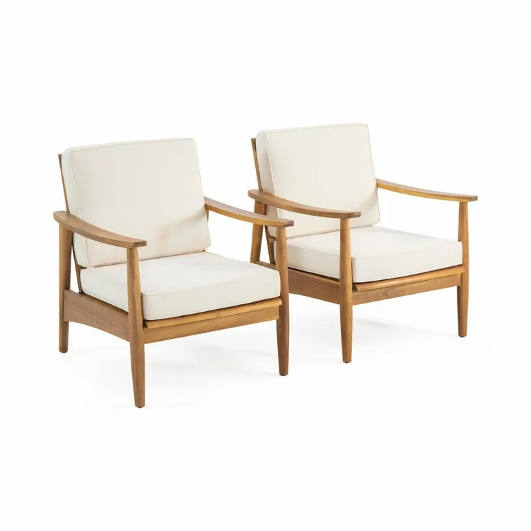 Pedro Outdoor Acacia Wood Club Chair - Set of 2 - Teak and Beige - Walmart.com | Walmart (US)