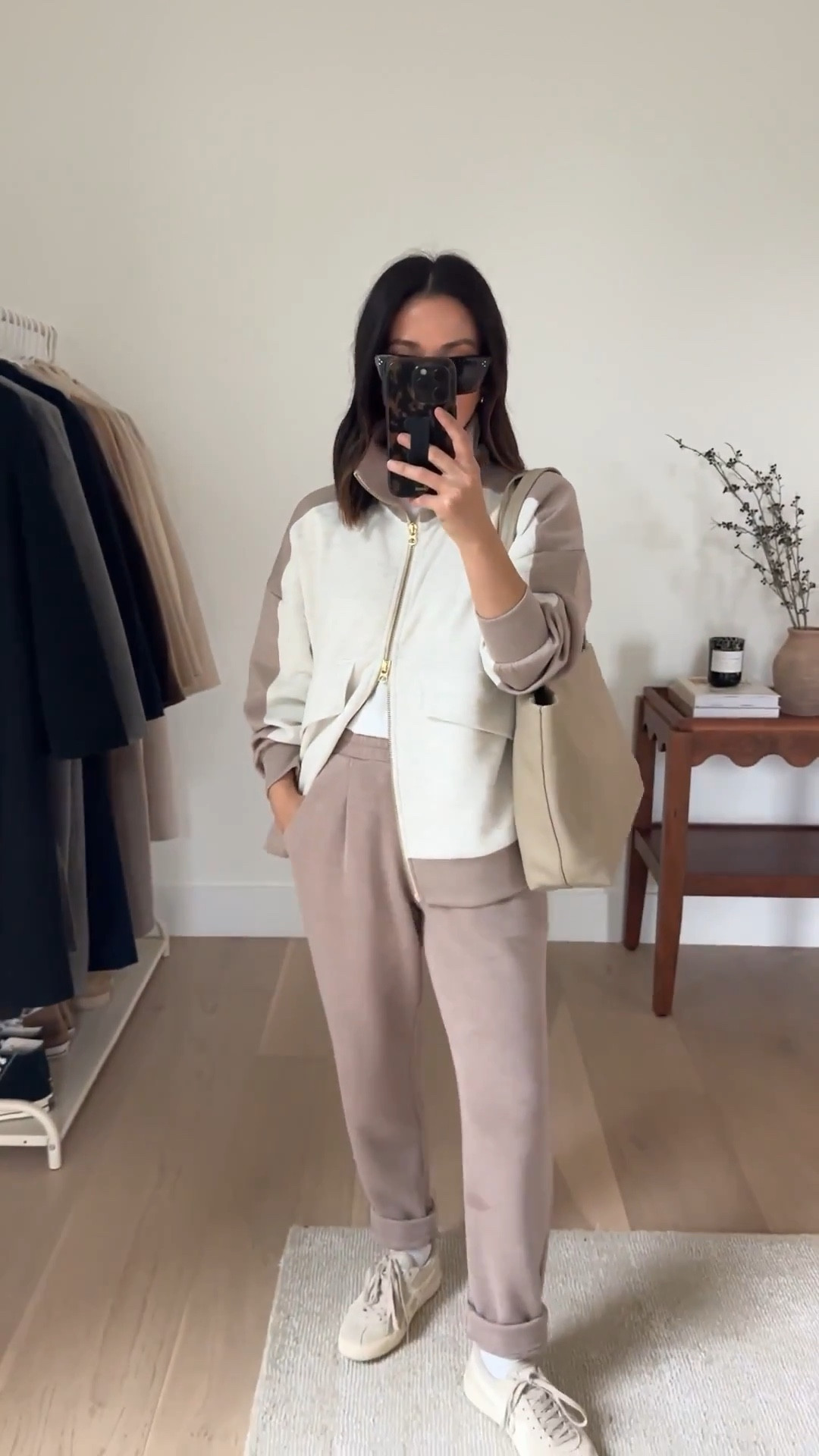 New Varley two toned jacket. Pairs perfectly with Ivory marl and taupe marl. 

Varley jacket xs
Varley rolled cuff pants xs 26” inseam
Cuyana easy tote small. Stone
Onitsuka Tiger sneaker s4 mens
Celine sunglasses 

Petite style, athleisure, spring outfits, spring style 

#LTKPetite #LTKActive #LTKmomlife