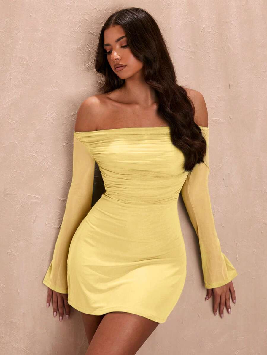 SHEIN BAE Women's Sexy Off-Shoulder Ruffle Mini A-Line Dress, Sage Green | SHEIN