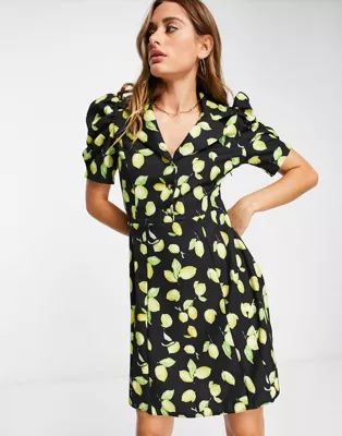Trendyol puff sleeve mini dress in lemon print | ASOS (Global)