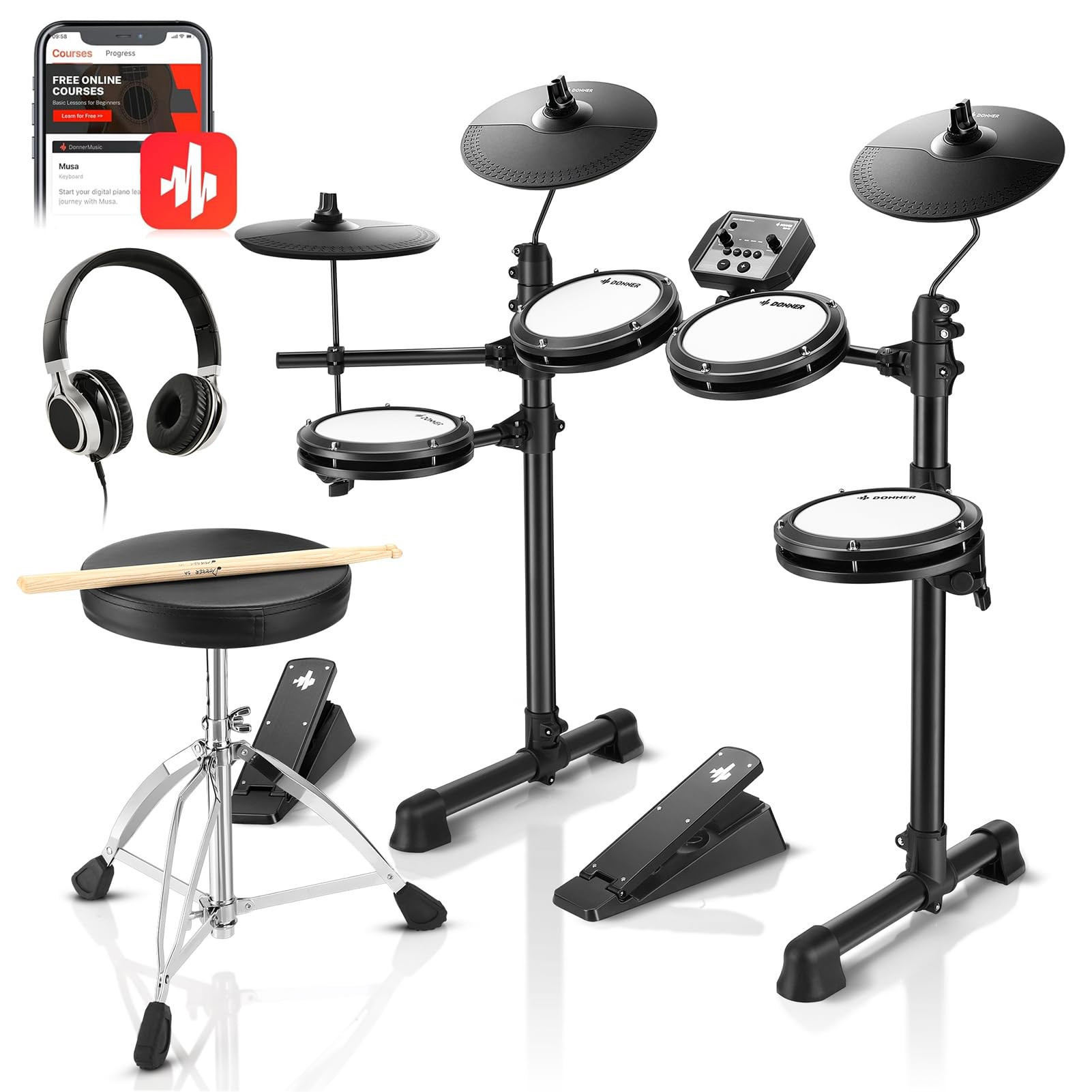 Donner DED-80 Electronic Drum Set with 4 Quiet Mesh Pads, 180+ Sounds, 2 Pedals, Throne, Headphon... | Amazon (US)