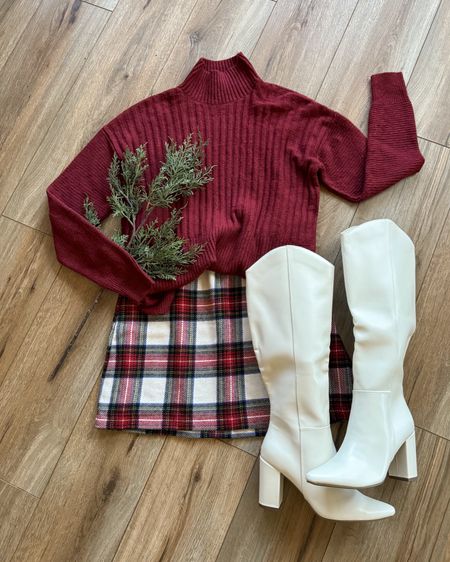 Christmas outfit ideas. Plaid skirt. White boots. Holiday outfit. Holiday party outfit. 

#LTKGiftGuide #LTKSeasonal #LTKHoliday