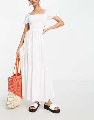 Esmee Exclusive puff sleeve beach summer maxi dress with shirring detail in white | ASOS (Global)