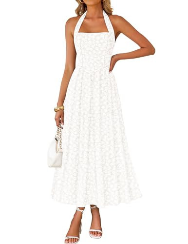 ZESICA Women's Summer Sleeveless Floral Maxi Dresses 2026 Halter Neck Wedding Guest Cocktail Party Flowy A Line Long Dress White Small | Amazon (US)