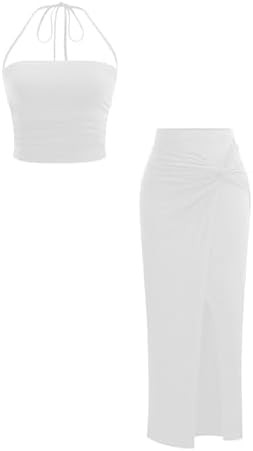Verdusa Women's 2 Piece Vacation Outfits Ruched Crop Halter Top with Slit Bodycon Long Skirt Goin... | Amazon (US)