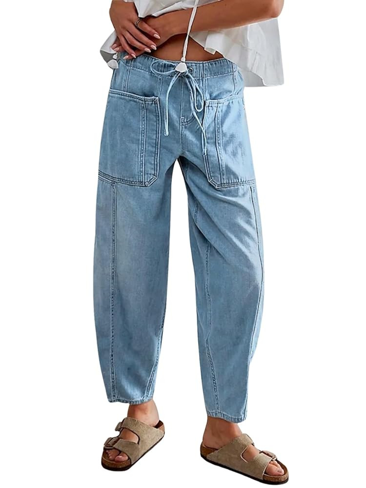 Women's Wide Leg Baggy Jeans Elastic Waist Barrel Jeans Trendy Loose Drawstring Ankle Denim Pants | Amazon (US)