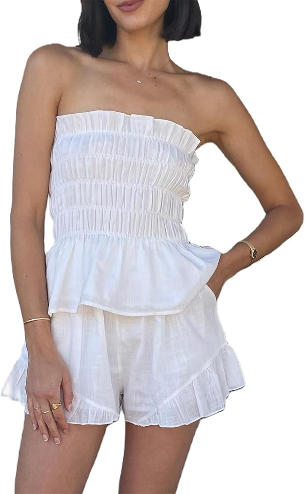 Yuemengxuan Women Shirred Top Shorts Summer Outfits Set 2 Piece Striped Pajamas Set Sleeveless Ru... | Amazon (US)