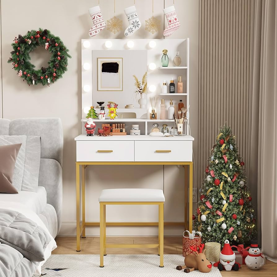 Lifewit Vanity with Mirror and Lights, Adjustable Color/Brightness, White Makeup Desk with 2 Draw... | Amazon (US)