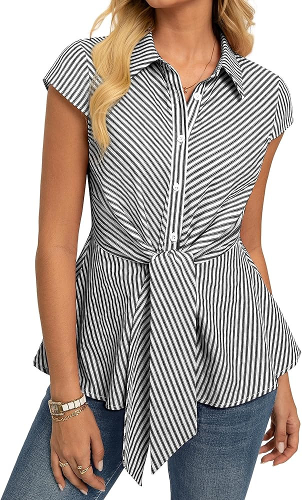 GRACE KARIN Striped Button Down Shirts Women,Short Sleeve Peplum Tops Business Casual,Tie Front W... | Amazon (US)