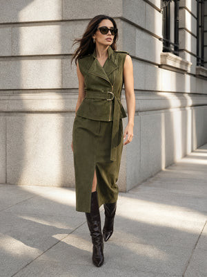 Faux Suede Belted Vest Split Midi Skirt Set | Commense