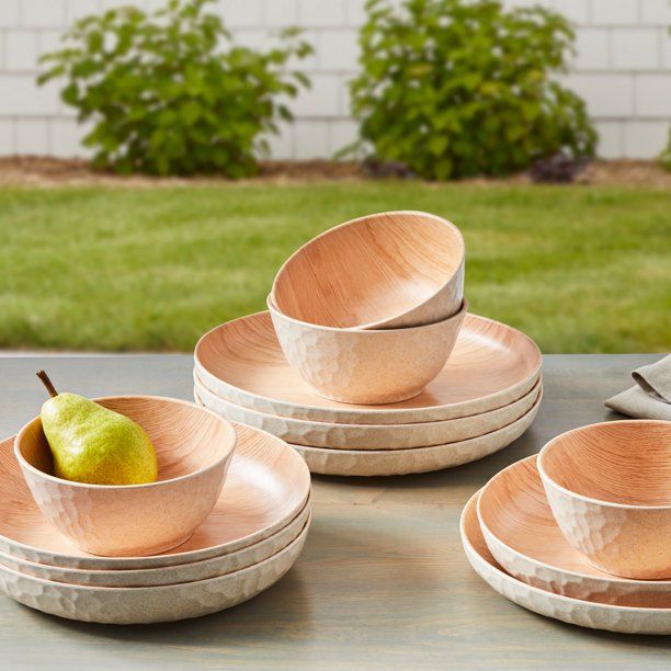 Better Homes & Gardens 12-Piece Bamboo Melamine Dinnerware Set, Faux Brown Wood | Walmart (US)