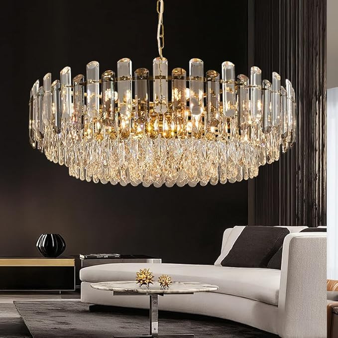 31.5" Modern Crystal Chandelier Gold 3-Tier Luxury Crystal Pendant Light 12-Light Ceiling Pendant... | Amazon (US)