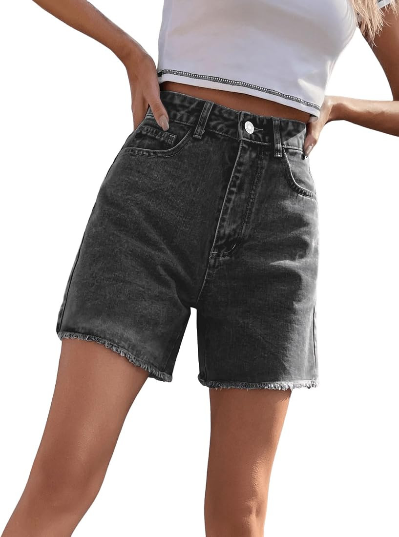 SweatyRocks Women's High Waist Denim Shorts Straight Leg Raw Hem Jean Shorts Summer Hot Pants wit... | Amazon (US)