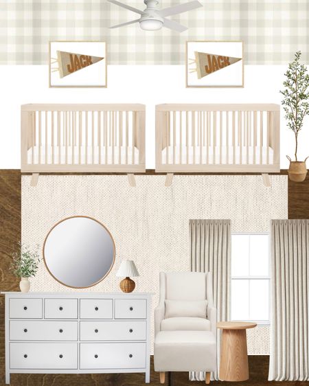Neutral twin nursery, neutral nursery, nursery, neutral wallpaper, nursery rug, baby room, glider, crib