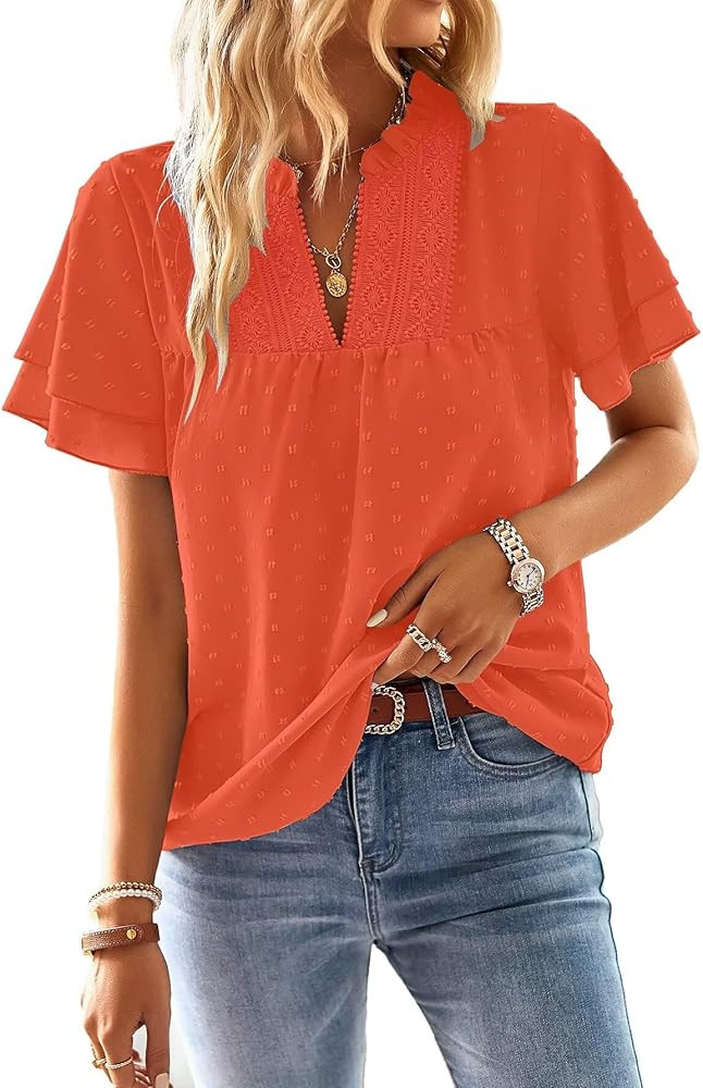 Womens Tops Butterfly Sleeve V Neck Blouses for Women Dressy Casual Flowy Swiss Dot Ruffle Short ... | Amazon (US)