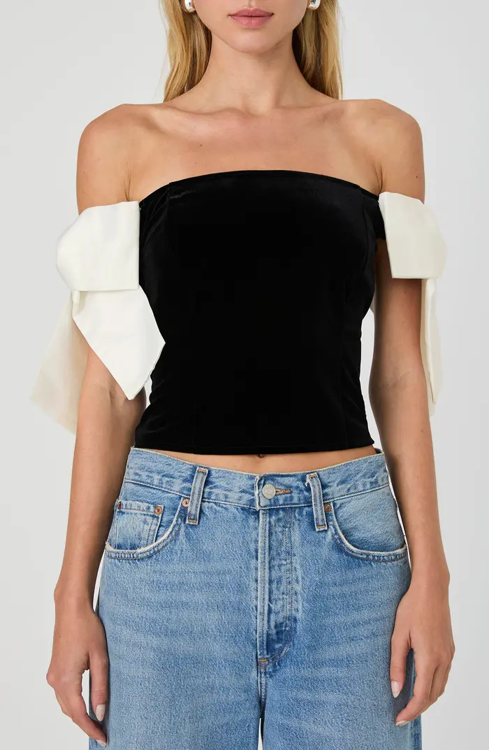 Carey Satin Bow Detail Off the Shoulder Velvet Crop Top | Nordstrom