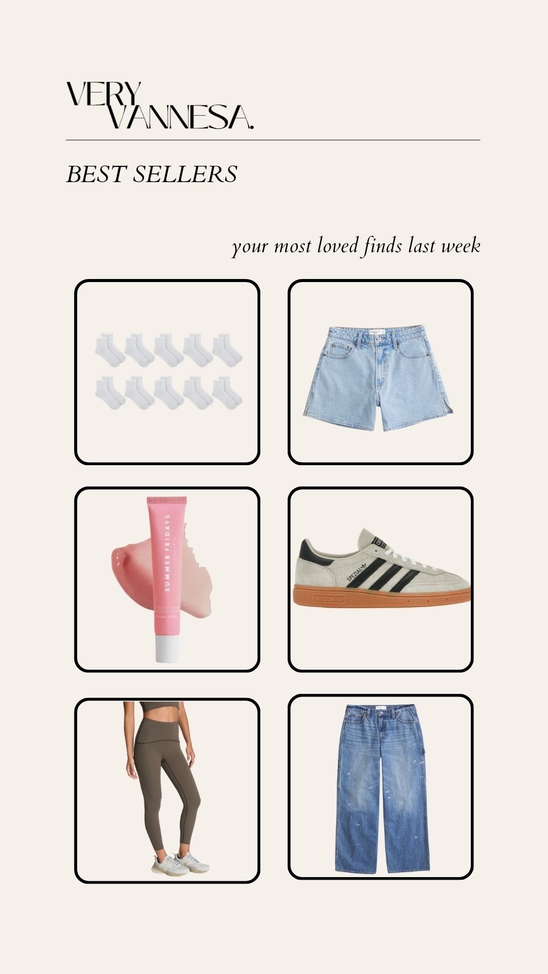 Last weeks best sellers 
White ankle socks 
Light wash denim shorts 
Summer Fridays lip balm 
Adidas handball spezial sneakers 
Spanx compression leggings 
Baggy carpenter jeans 

#LTKFindsUnder100 #LTKSaleAlert #LTKPetite