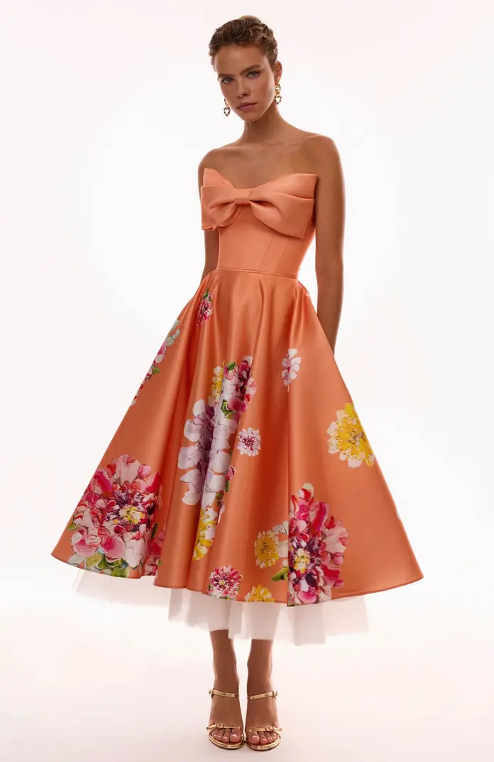 A-Line Satin Floral Print Midi Dress for Cocktail Events | Nordstrom