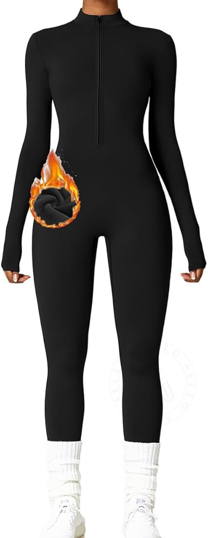 Womens Long Sleeve Workout Jumpsuit Zip Up Yoga Rompers Sexy Tummy Control One Piece Bodycon Bott... | Amazon (US)