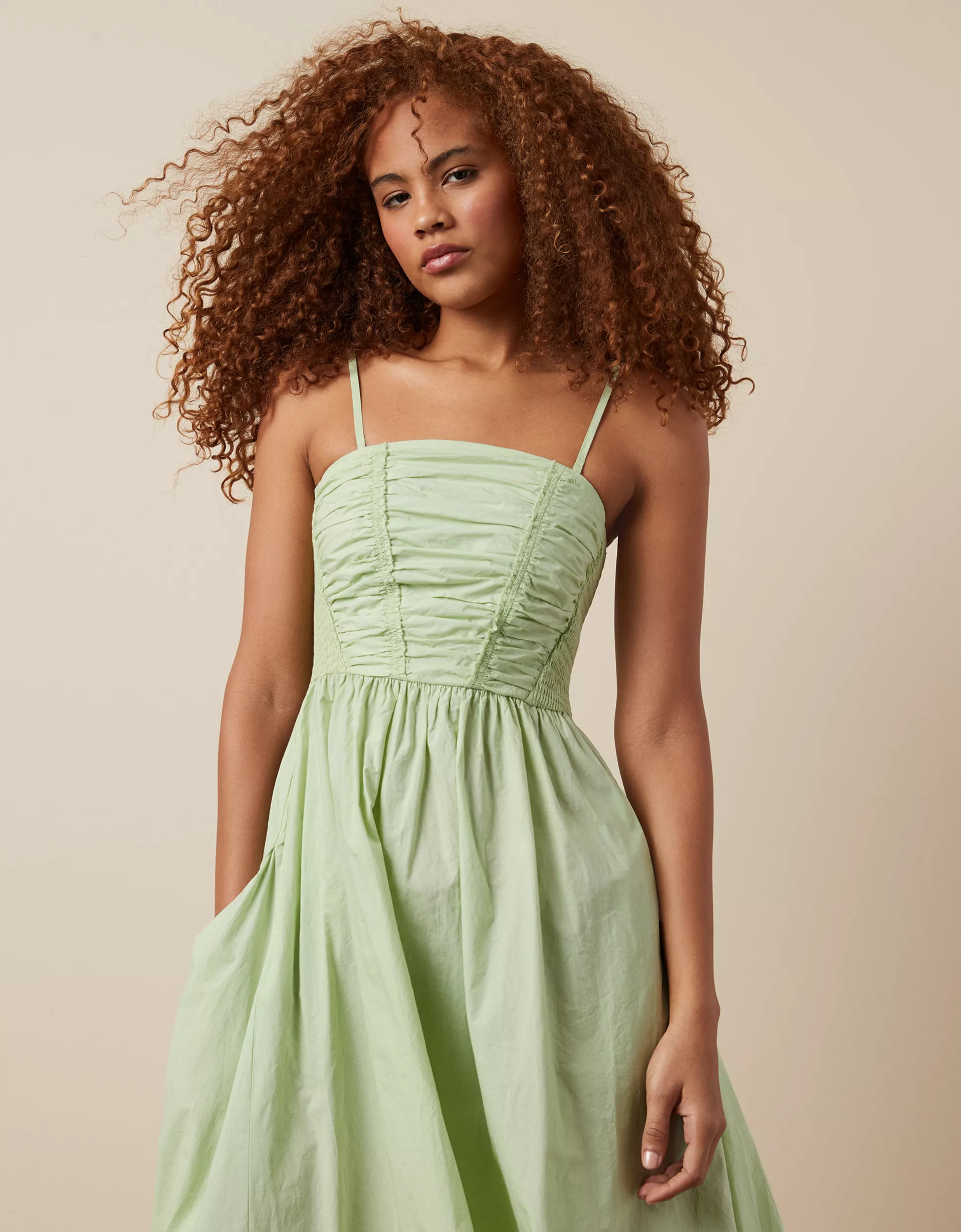 AE Strapless Ruched Poplin Midi Dress | American Eagle Outfitters (US & CA)