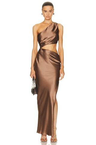 NICHOLAS Raya One Shoulder Asymmetrical Gown in Brown | FWRD 
