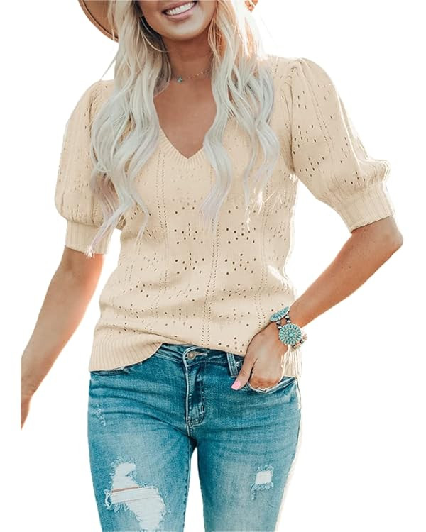 Saodimallsu Womens Cute Short Puff Sleeve Sweaters Loose Crew Neck Lightweight Pointelle Knit Pul... | Amazon (US)